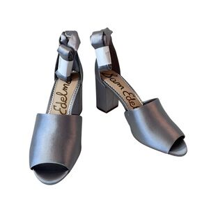 Sam Edelman Odell Block Heel Ankle Strap Sandals Grey Satin Womens Size 8.5 New